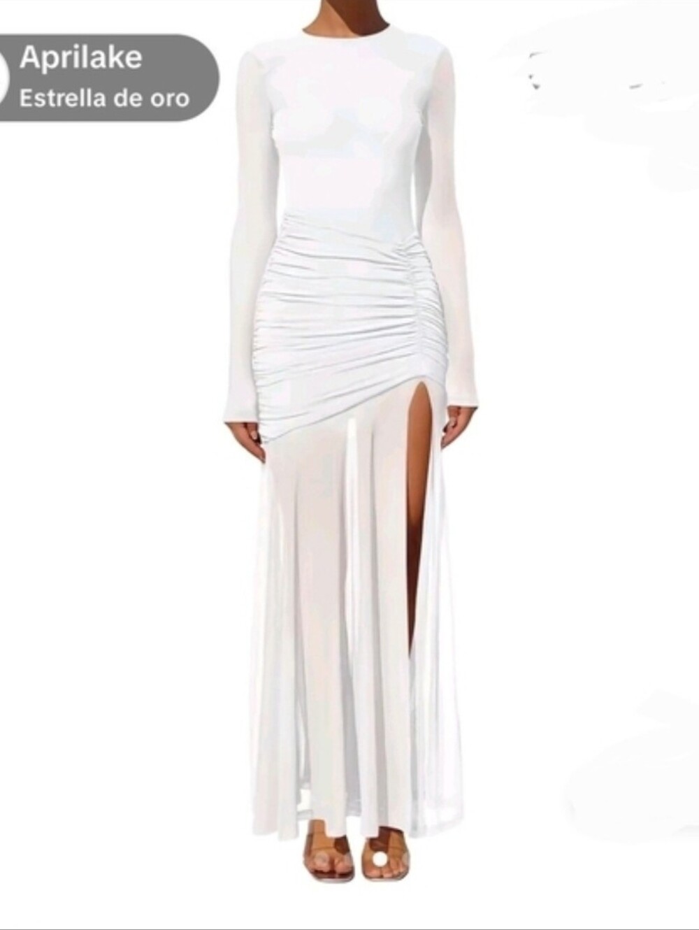White Long-Sleeve Ruched Maxi Dress with High Slit